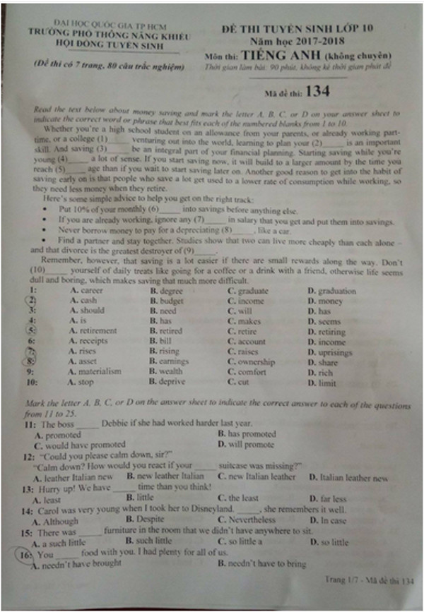Đề thi tuyển sinh lớp 10 môn tiếng anh 2018