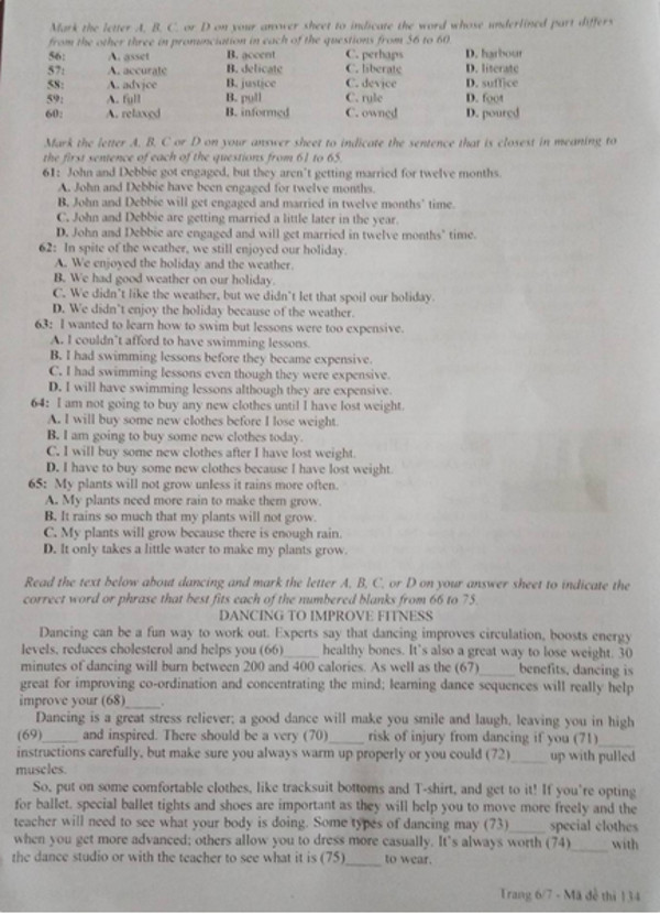 Đề thi tiếng anh vào lớp 10