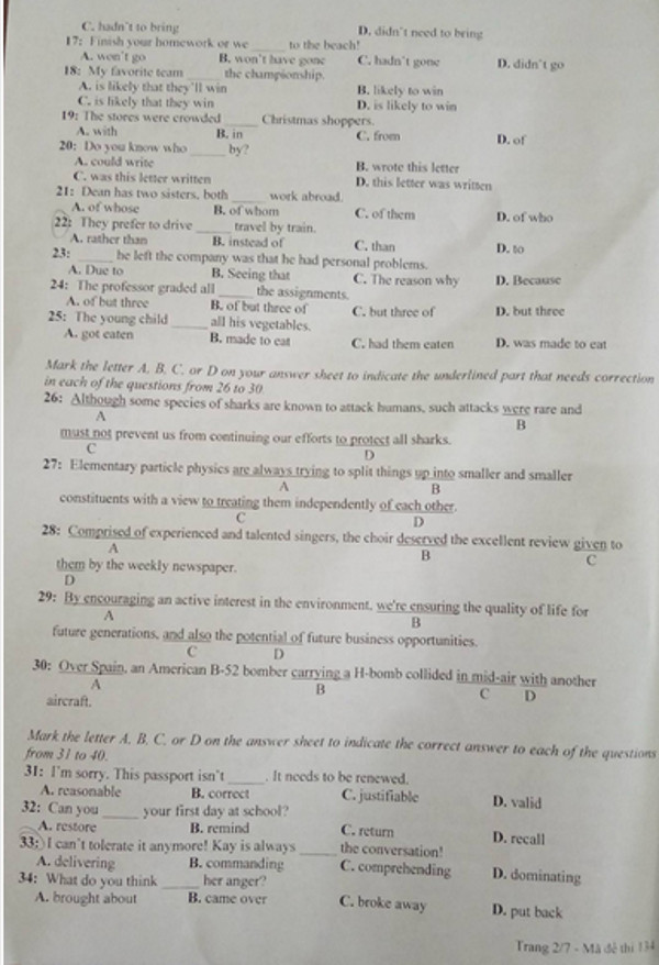 Đề thi vào lớp 10 môn tiếng anh