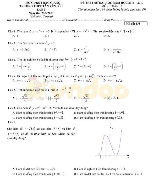 Đề thi thử THPT Quốc gia năm 2017 môn Toán