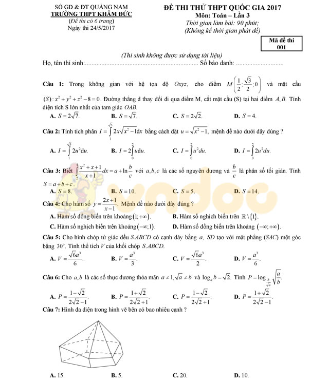 Đề thi thử THPT Quốc gia năm 2017 môn Toán 