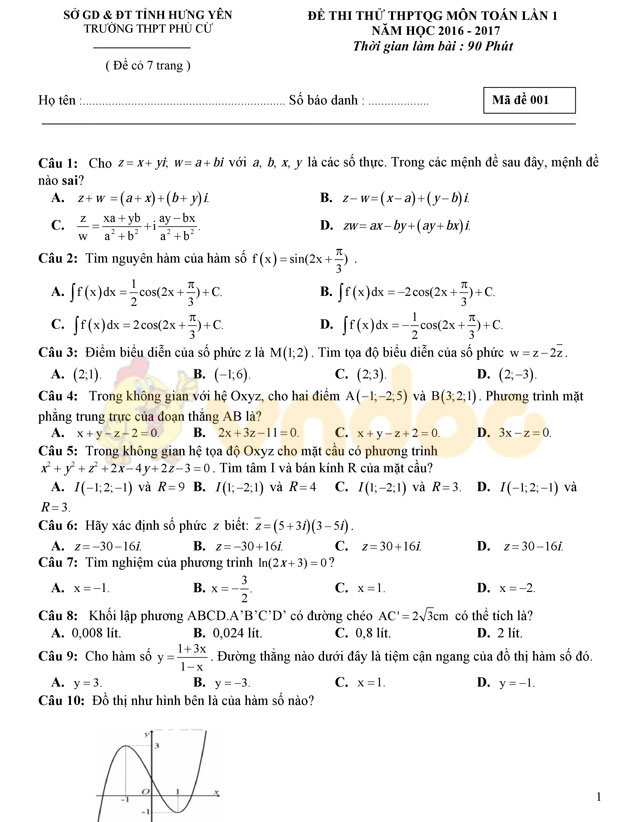Đề thi thử THPT Quốc gia năm 2017 môn Toán
