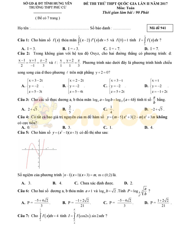 Đề thi thử THPT Quốc gia năm 2017 môn Toán