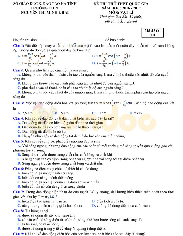 Đề thi thử THPT Quốc gia năm 2017 môn Vật lý Đề thi thử THPT Quốc gia năm 2017 môn Vật lý