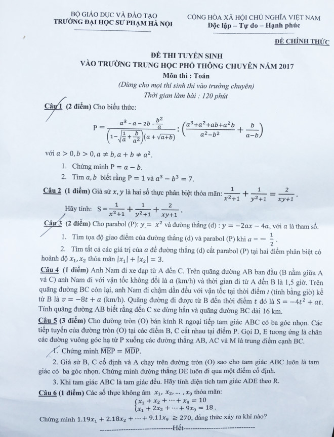 Đề thi vào lớp 10 môn Toán năm học 2017- 2018 trường THPT Chuyên Sư Phạm