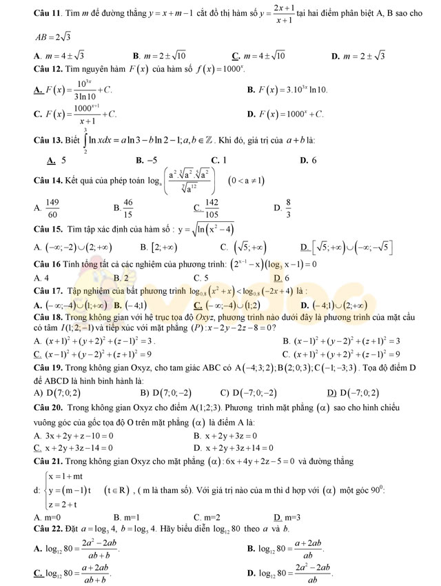 Đề thi thử THPT Quốc gia năm 2017 môn Toán 
