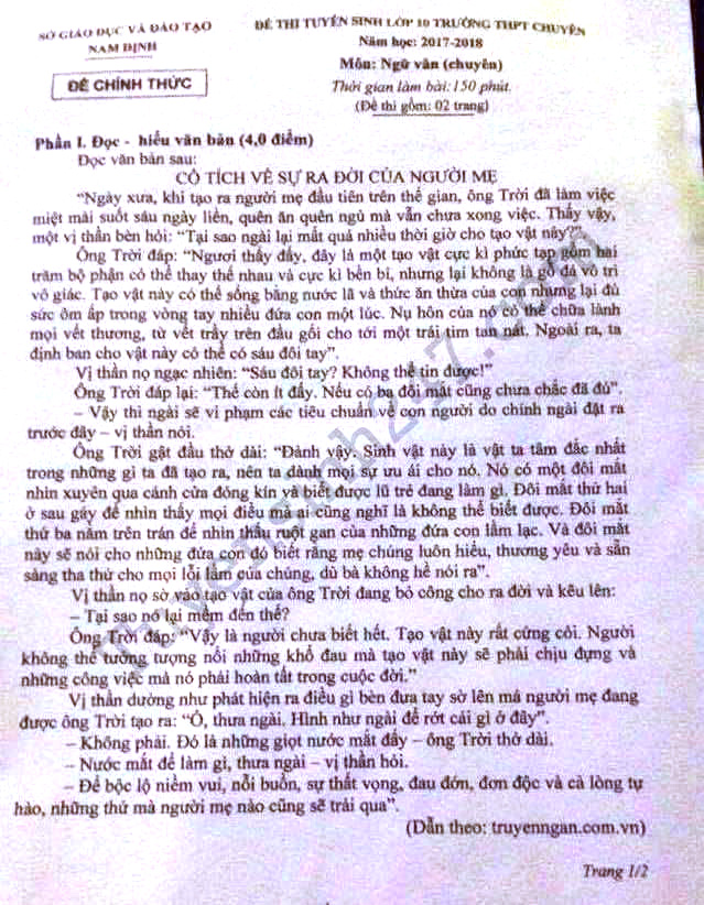 Đề thi tuyển sinh vào lớp 10 môn Ngữ văn Đề thi tuyển sinh vào lớp 10 môn Ngữ văn