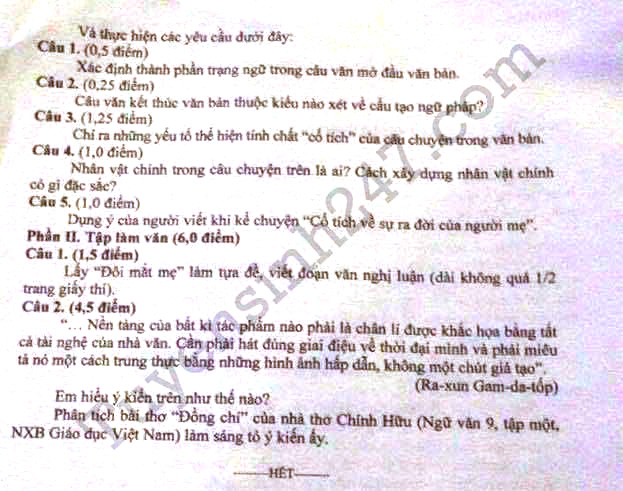 Đề thi tuyển sinh vào lớp 10 môn Ngữ văn Đề thi tuyển sinh vào lớp 10 môn Ngữ văn