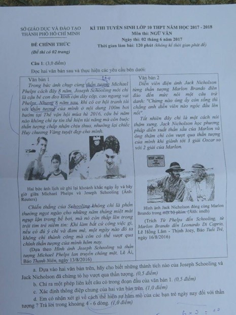 Đề thi tuyển sinh vào lớp 10 môn Ngữ văn