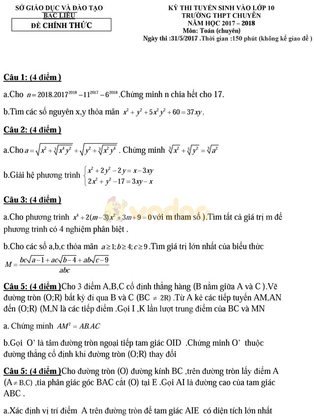 Đề thi vào lớp 10 môn Toán (chuyên) trường THPT chuyên Bạc Liêu năm học 2017 - 2018 Đề thi vào lớp 10 môn Toán năm 2017