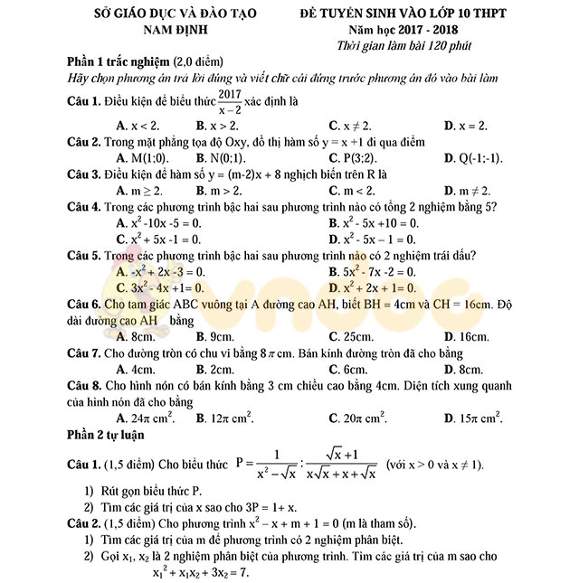 Đề thi vào lớp 10 môn Toán tỉnh Nam Định 