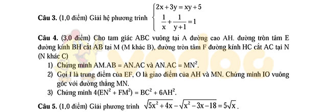 Đề thi vào lớp 10 môn Toán tỉnh Nam Định 