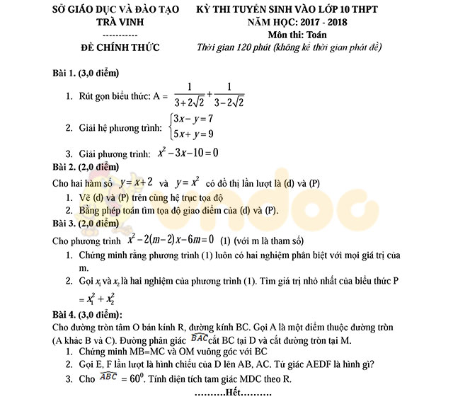 Đề thi vào lớp 10 môn Toán