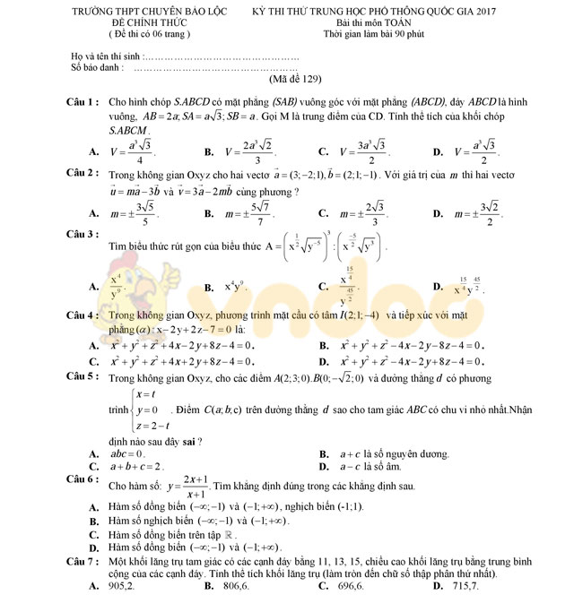 Đề thi thử THPT Quốc gia năm 2017 môn Toán