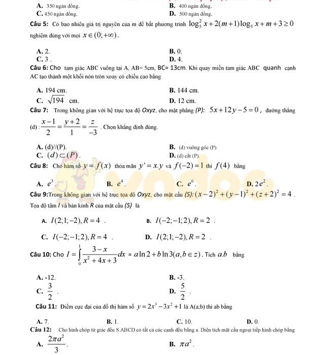 Đề thi thử THPT Quốc gia năm 2017 môn Toán