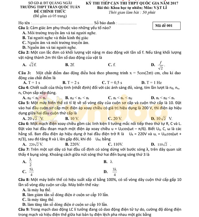 Đề thi thử THPT Quốc gia năm 2017 môn Vật lý Đề thi thử THPT Quốc gia năm 2017 môn Vật lý