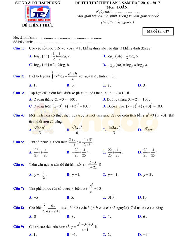 Đề thi thử THPT Quốc gia năm 2017 môn Toán 