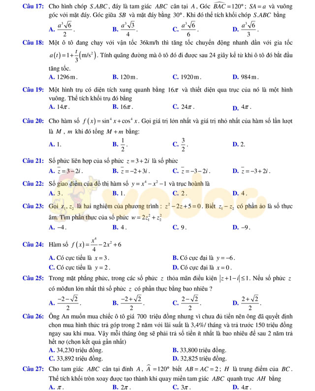 Đề thi thử THPT Quốc gia năm 2017 môn Toán