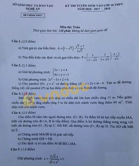 Đề thi tuyển sinh vào lớp 10 môn Toán
