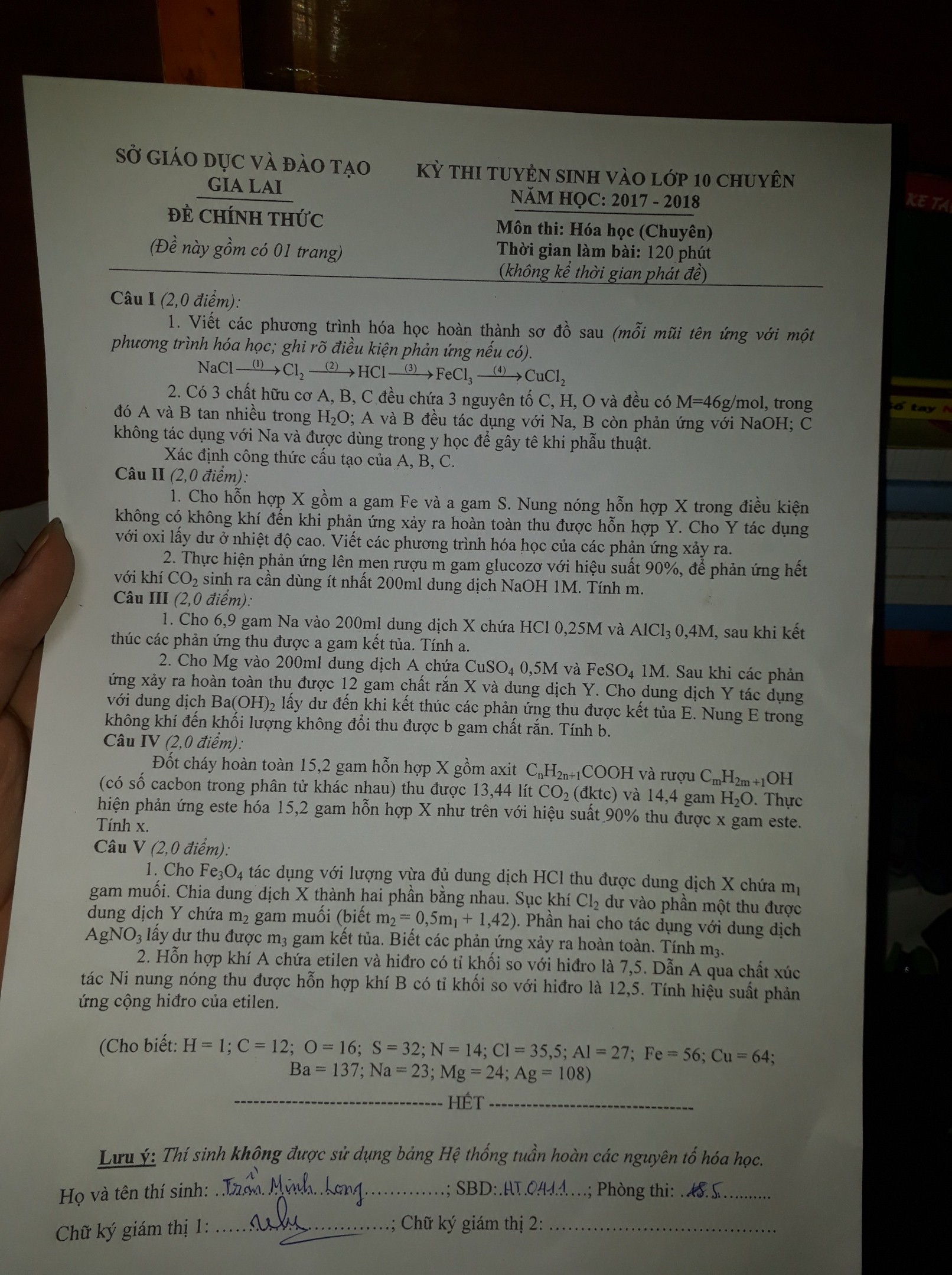 Đề thi vào lớp 10 môn Hóa học (Chuyên) trường THPT chuyên Gia Lai năm học 2017 - 2018 Đề thi vào lớp 10 môn Hóa học năm 2017