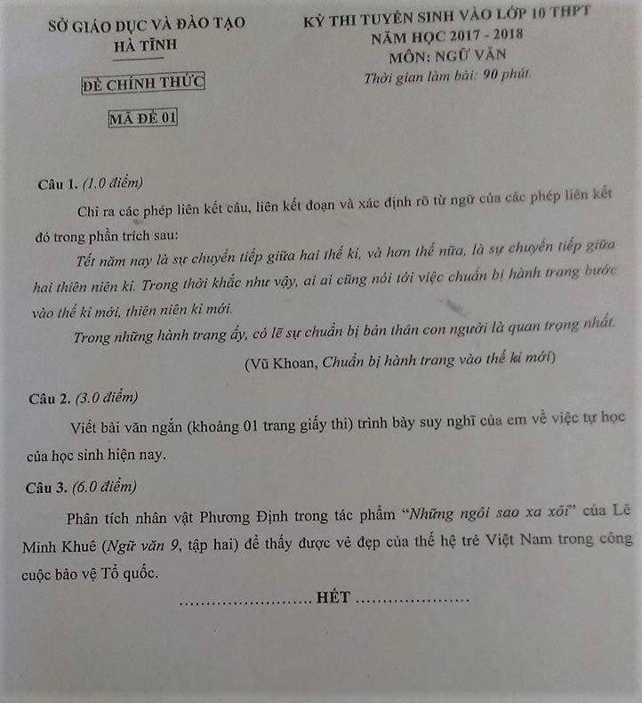 Đề thi vào lớp 10 môn Ngữ văn năm 2017