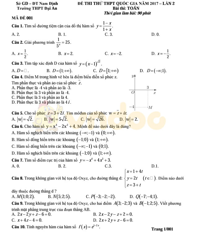 Đề thi thử THPT Quốc gia năm 2017 môn Toán Đề thi thử THPT Quốc gia năm 2017 môn Toán