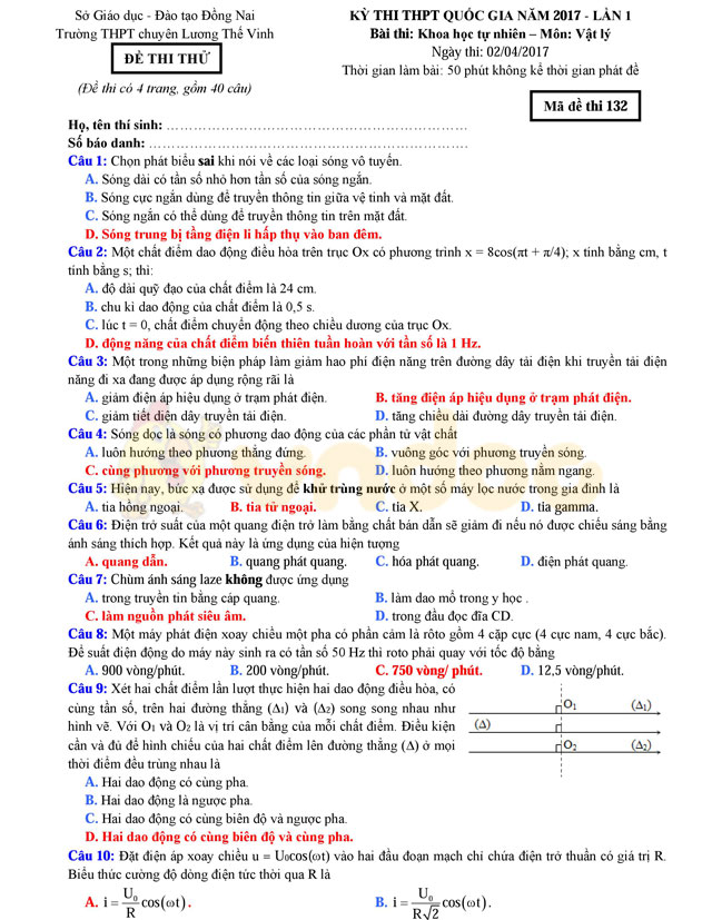 Đề thi thử THPT Quốc gia năm 2017 môn Vật lý Đề thi thử THPT Quốc gia năm 2017 môn Vật lý