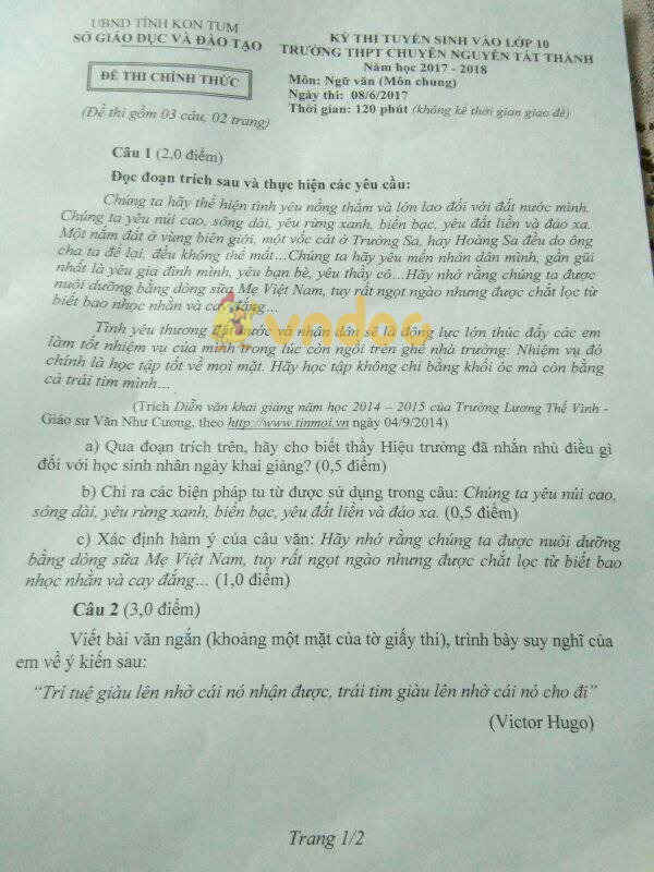 Đề thi tuyển sinh vào lớp 10 THPT môn Ngữ văn