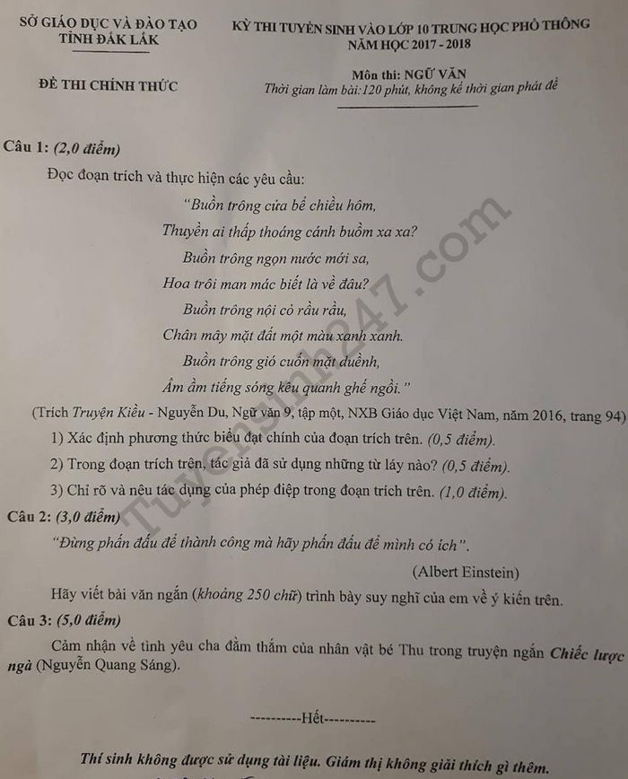 Đề thi tuyển sinh vào lớp 10 THPT môn Ngữ văn