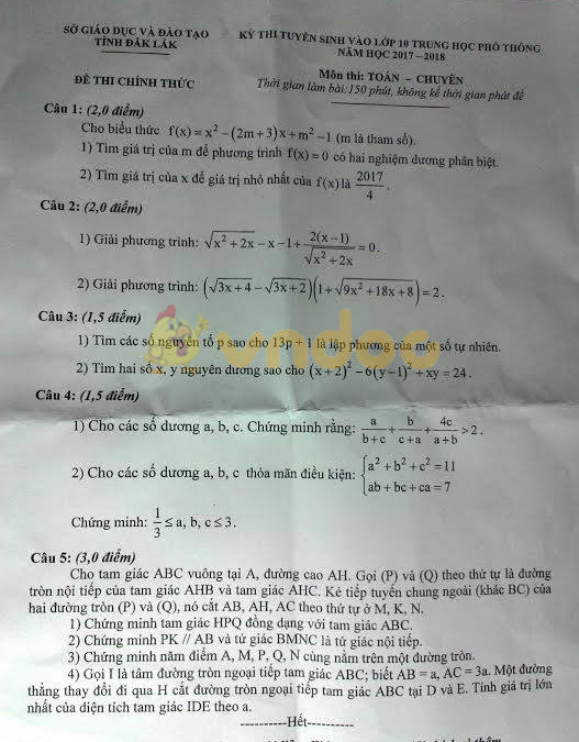 Đề thi tuyển sinh vào lớp 10 THPT môn Toán