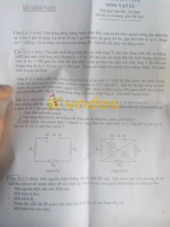 Đề thi tuyển sinh vào lớp 10 môn Vật lí Đề thi tuyển sinh vào lớp 10 môn Vật lí