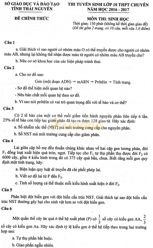 Đề thi vào lớp 10 môn Sinh học trường THPT chuyên Thái Nguyên năm học 2017 - 2018 Đề thi vào lớp 10 môn Sinh học năm 2017