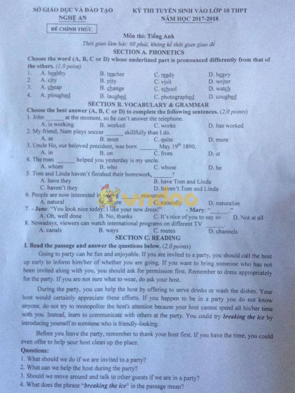 Đề thi vào lớp 10 môn tiếng Anh tỉnh Nghệ An Đề thi vào lớp 10 môn tiếng Anh