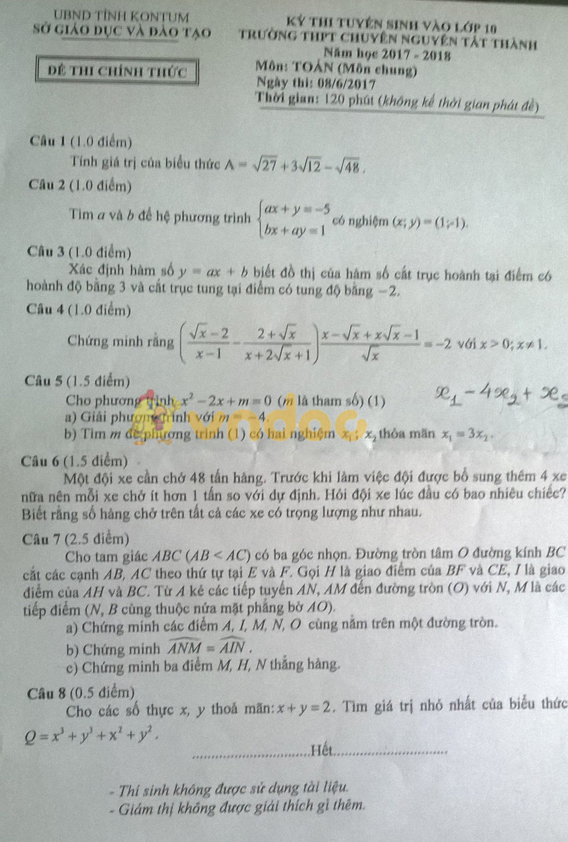Đề thi tuyển sinh vào lớp 10 môn Toán Đề thi tuyển sinh vào lớp 10 môn Toán