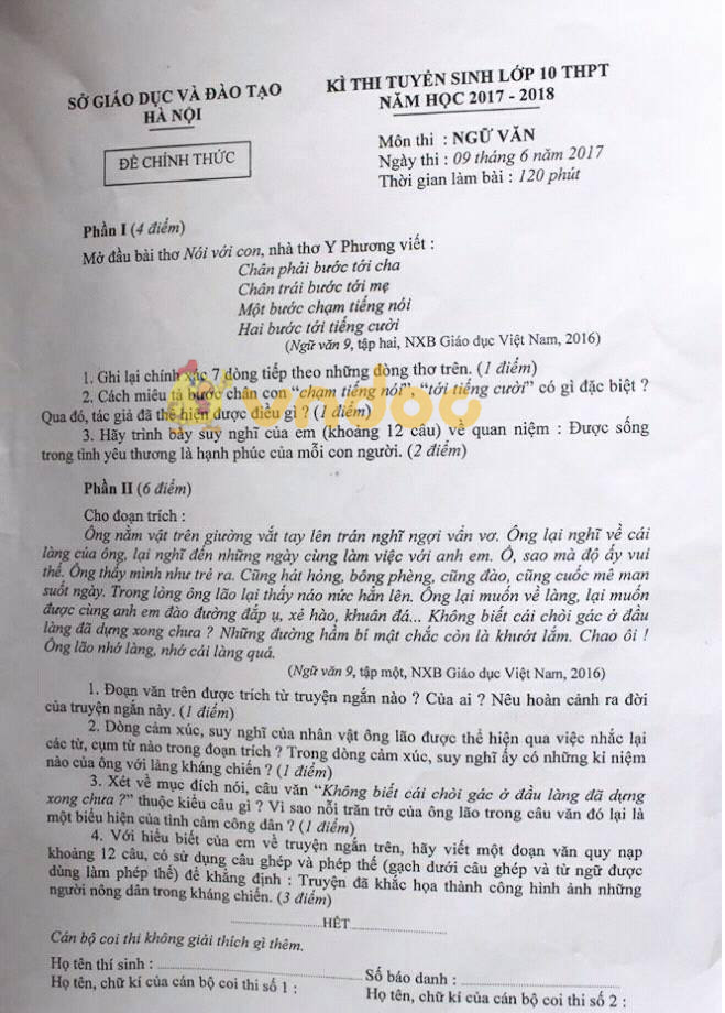 Đề thi tuyển sinh vào lớp 10 THPT môn Ngữ văn