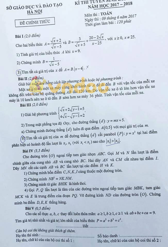 Đề thi tuyển sinh vào lớp 10 môn Toán