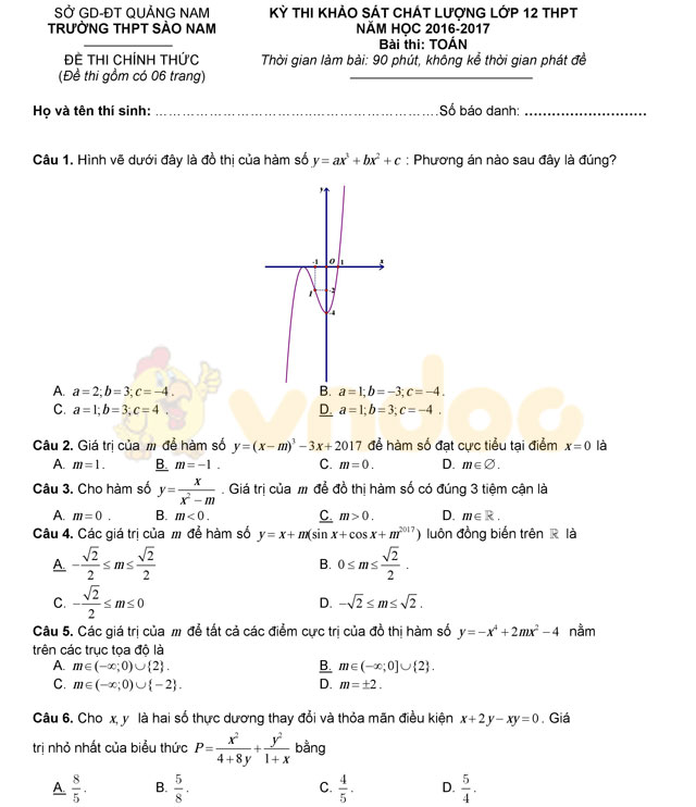 Đề thi thử THPT Quốc gia năm 2017 môn Toán