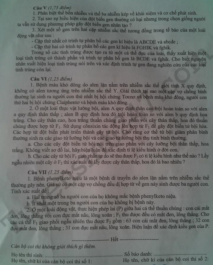 Đề thi tuyển sinh vào lớp 10 môn Sinh học Đề thi tuyển sinh vào lớp 10 môn Sinh học