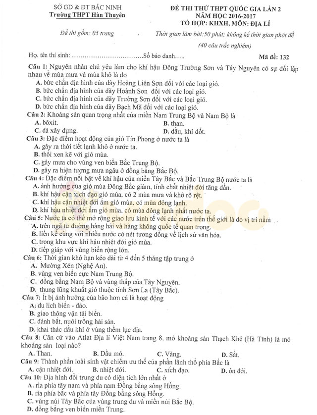 Đề thi thử THPT Quốc gia năm 2017 môn Địa lý