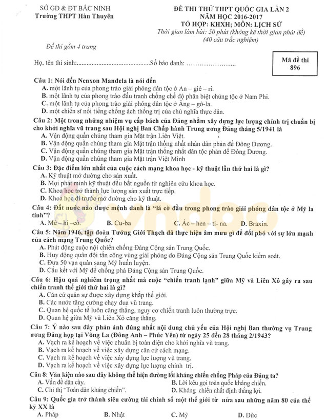 Đề thi thử THPT Quốc gia năm 2017 môn Lịch sử