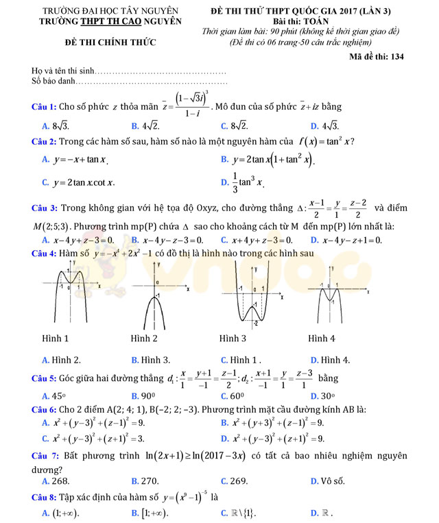 Đề thi thử THPT Quốc gia năm 2017 môn Toán