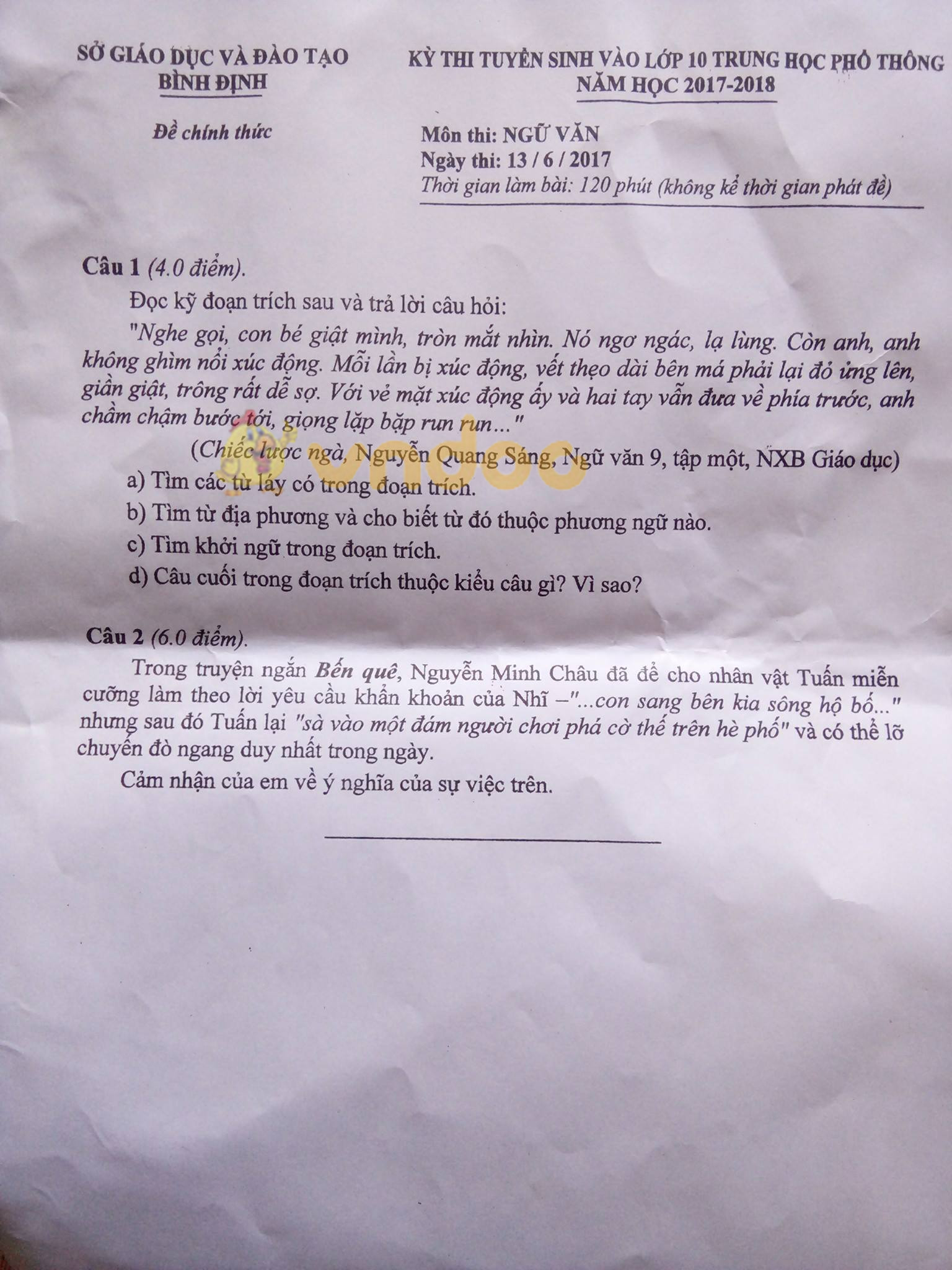 Đề thi vào lớp 10 THPT môn Ngữ văn