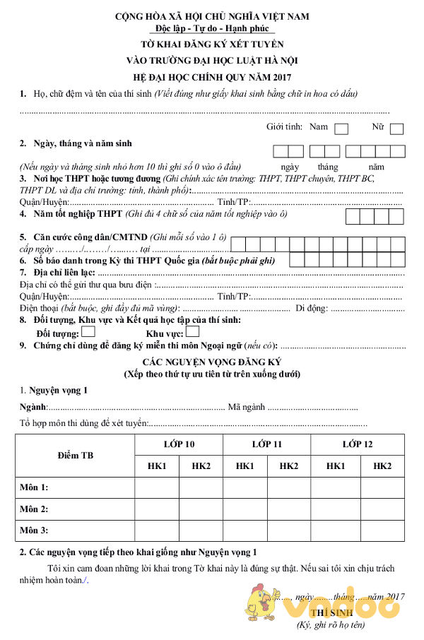 Tờ khai đăng ký xét tuyển Đại học Luật Hà Nội 