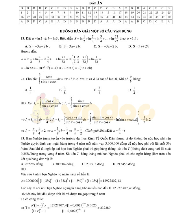 Đáp án đề thi thử THPT Quốc gia năm 2017 môn Toán Đáp án đề thi thử THPT Quốc gia năm 2017 môn Toán