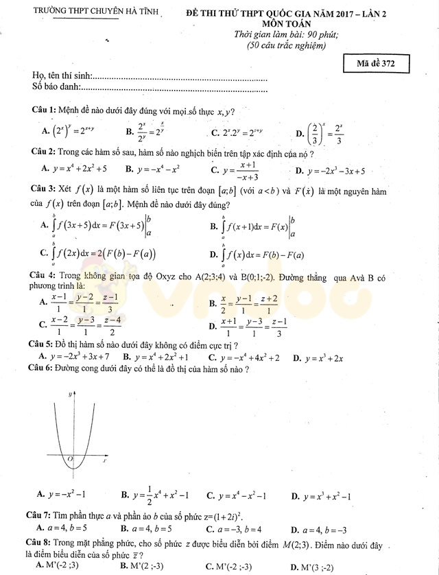 Đề thi thử THPT Quốc gia năm 2017 môn Toán