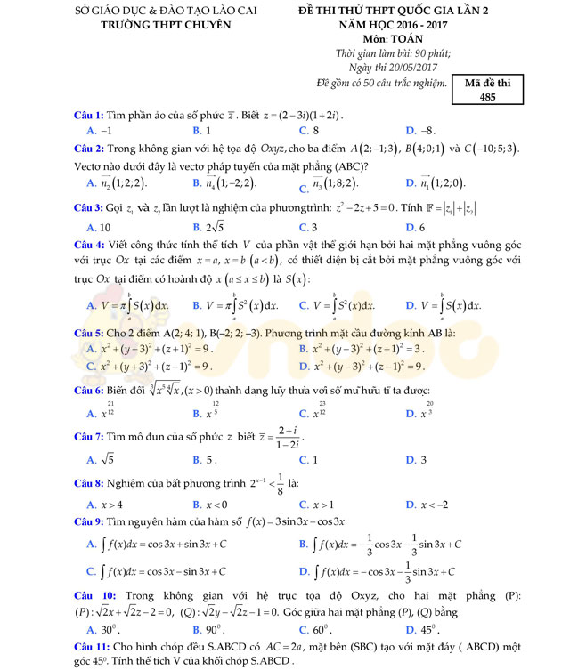 Đề thi thử THPT Quốc gia năm 2017 môn Toán