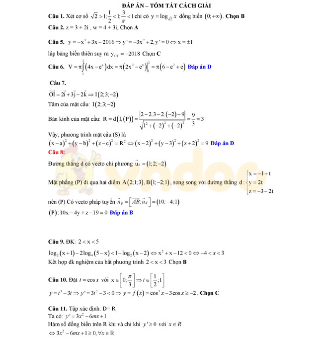 Đáp án đề thi thử THPT Quốc gia năm 2017 môn Toán 