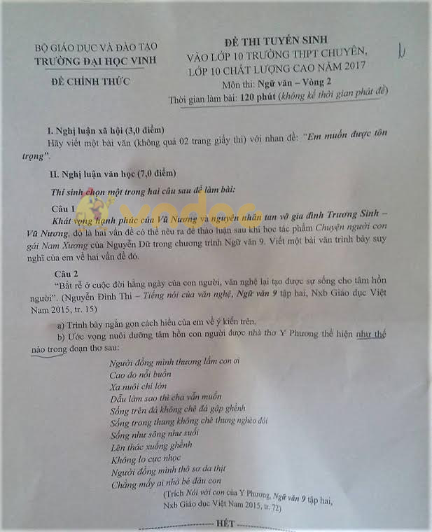 Đề thi vào lớp 10 môn Ngữ văn