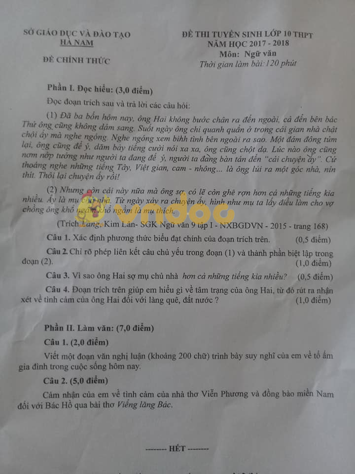 Đề thi tuyển sinh vào lớp 10 THPT môn Ngữ văn Đề thi tuyển sinh vào lớp 10 THPT môn Ngữ văn