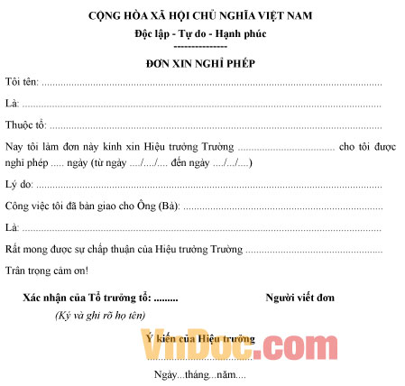 Đơn xin nghỉ phép dành cho giáo viên Mẫu đơn xin nghỉ phép dành cho giáo viên